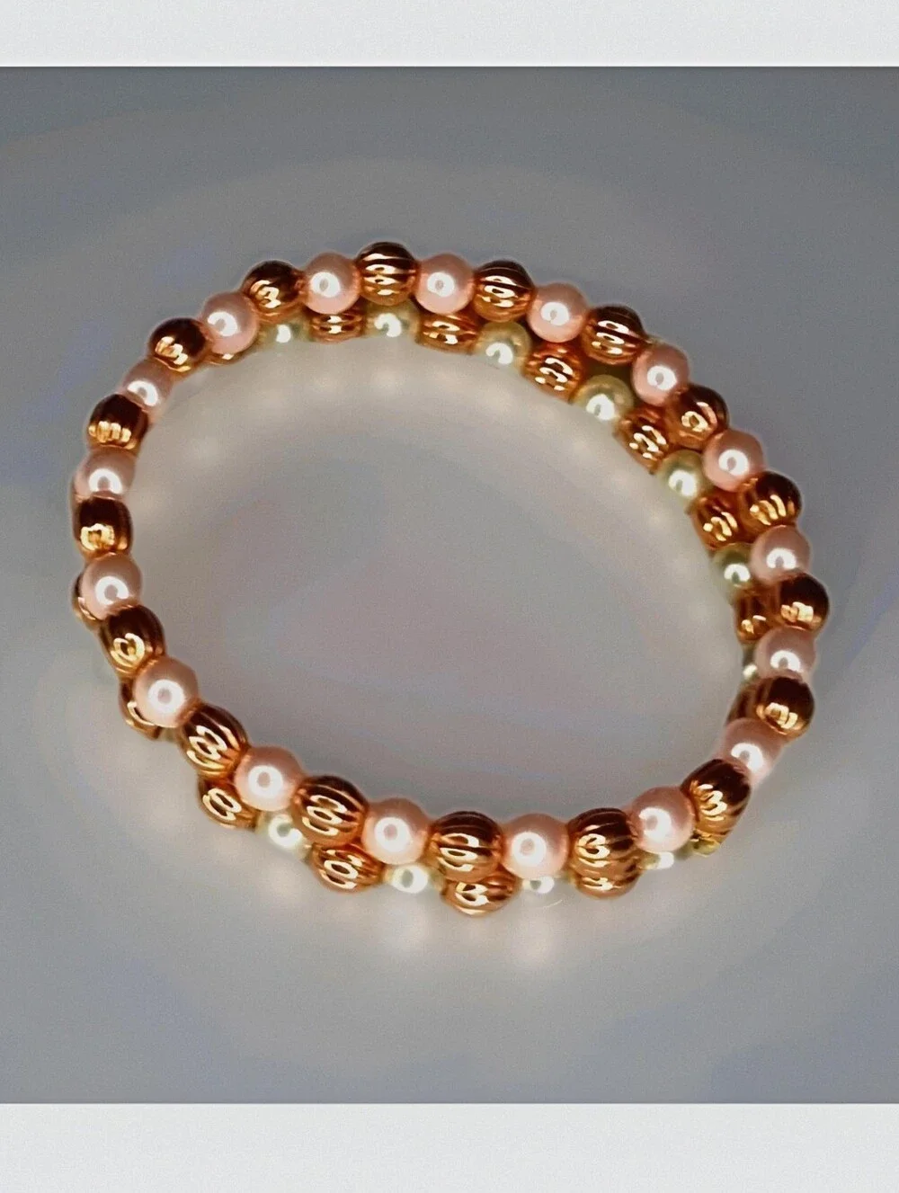 Stackable Pair of Matching Pink/White Pearl Beaded Stretch Bracelets with Copper